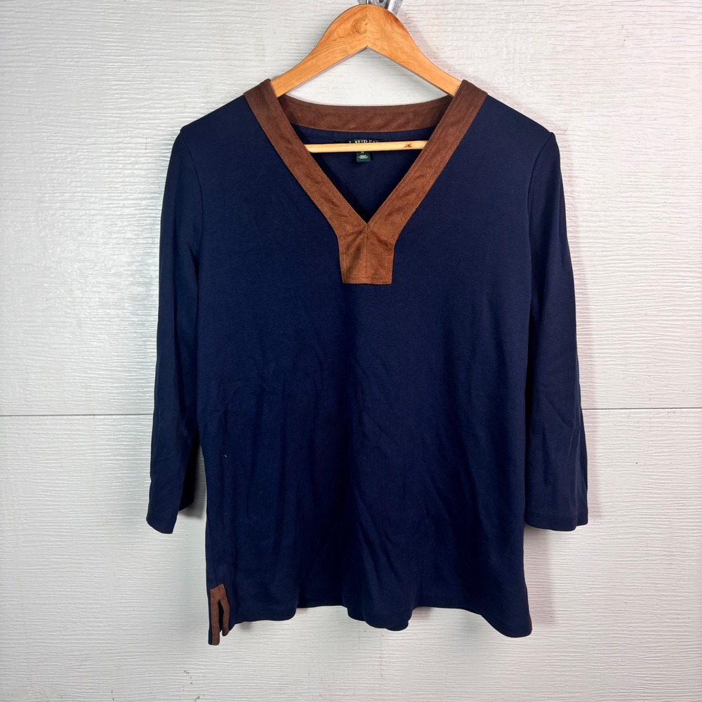 Lauren Ralph Lauren Navy Suede Trim Preppy Y2K V Neck Tunic Top XL
